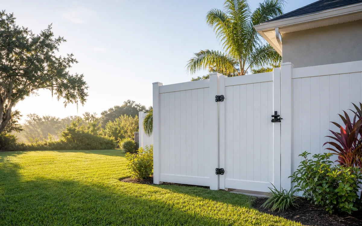 White vinyl fence and gate in a clean East Pasco style Florida backyard